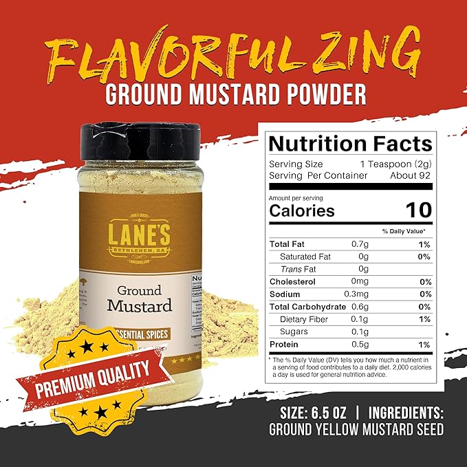 Lane's Ground Mustard Powder, All-Natural Ground Dry Mustard Powder, Perfect for Meats, Fish & Sauces Ground Mustard Seed Powder, Made in USA, 6.5 Oz