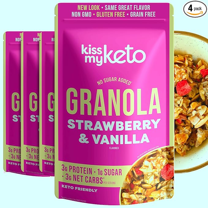 Kiss My Keto Sugar Free Granola, Strawberry Vanilla 4-Pack – Curb Cravings with Few Net Carbs – Allulose Sweetened, Resealable & Gluten-Free Crunchy Clusters – Grain Free Granola Great With Yogurt or Milk