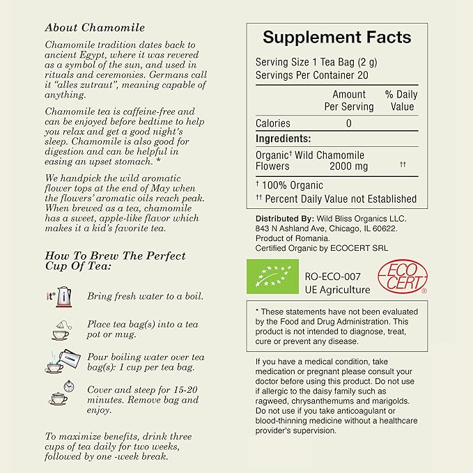 Wild Bliss Organic Chamomile Tea - Caffeine Free Calming Herbal Support - Pharmacopoeia Potency - 20 Plant Based Tea Bags