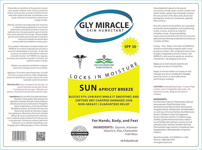 GLY MIRACLE SUN SPF30 Sunscreen Moisturizer: Hydrate and Protect Dry, Cracked Skin with Broad Spectrum UV Block - 16 oz Apricot Breeze