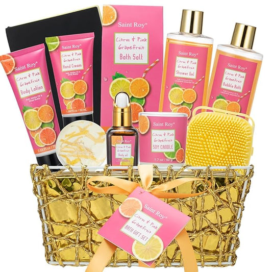 Bath & Body Gift Set, Luxury Christmas Gifts for Women Citrus Pink Grapefruit Spa Kit Gift Woman, 11 Pcs Self Care Kit Gifts With Bubble Bath, Massage Oil, Bath Brush, Birthday Gifts for Women