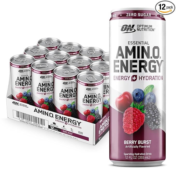 Optimum Nutrition Amino Energy Sparkling Hydration Drink, Electrolytes, Caffeine, Amino Acids, BCAAs, Sugar Free, Berry Burst, 12 Fl Oz, 12 Pack