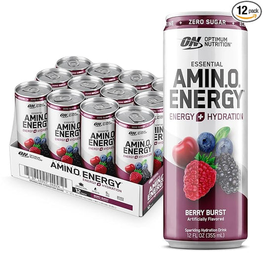 Optimum Nutrition Amino Energy Sparkling Hydration Drink, Electrolytes, Caffeine, Amino Acids, BCAAs, Sugar Free, Berry Burst, 12 Fl Oz, 12 Pack