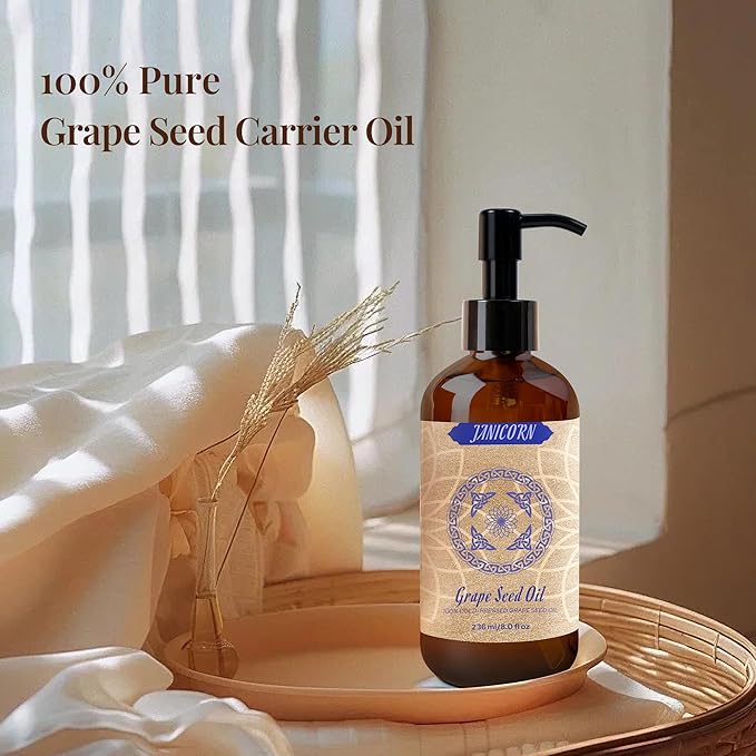 100% Pure Grapeseed Oil – Cold-Pressed, Unscented, Lightweight Natural Oil for Skin, Hair, Face & Body, Premium Quality Moisturizer for Massage & Aromatherapy, 8 fl oz / 236ml