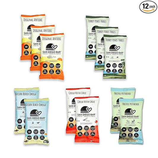 San Diego Bar - Raw, Vegan Protein Bar | Variety Pack 12 Bars, All Natural, Gluten & Soy Free - Nutrition Meal Bar with No Added Sugars | 5 Flavors, 10g Protein from Only 6 Natural Whole Food Ingredients