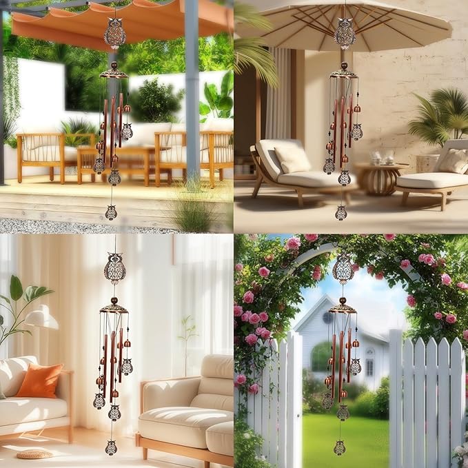 Copper Tone Animal Wind Chimes for Outdoors/Indoors - Owl Designs - Garden, Patio, Yard, Home Decor, for Women, Men, Mom, Birthday, Memorial, Housewarming (Owl)