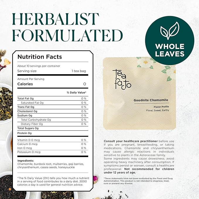 Tea Facto Goodnite* Chamomile Tea Bags with Chrysanthemum Tea for Soothing Comfort - 10 Pack