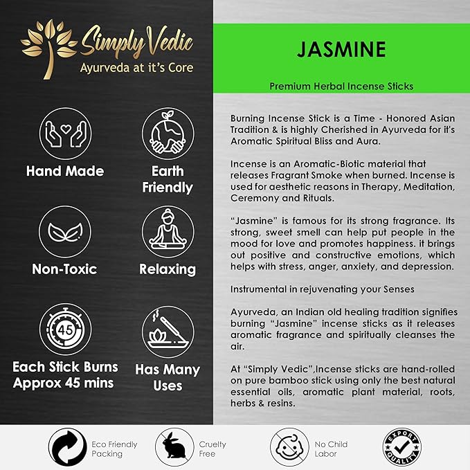 Simply Vedic Jasmine Incense Sticks – 250g Pack (Approx. 135 Handmade Sticks + Incense Holder) | 45-Minute Burn | Natural Essential Oils for Meditation, Yoga, Aromatherapy & Spiritual Use