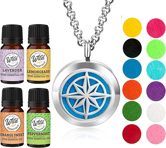 Wild Essentials Nautical Star Necklace Essential Oil Diffuser Kit, Lavender, Lemongrass, Peppermint, Orange Oils, 12 Refill Pads, Calming Aromatherapy Gift Set, Customizable Color Changing, Perfume