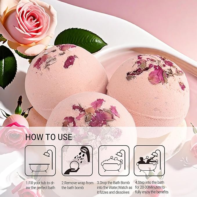 Bath Bombs for Women Spa Gift Set with Rose Essential Oils Sea Salt Relaxing Birthday Gift for Her Bubble Bath Skincare