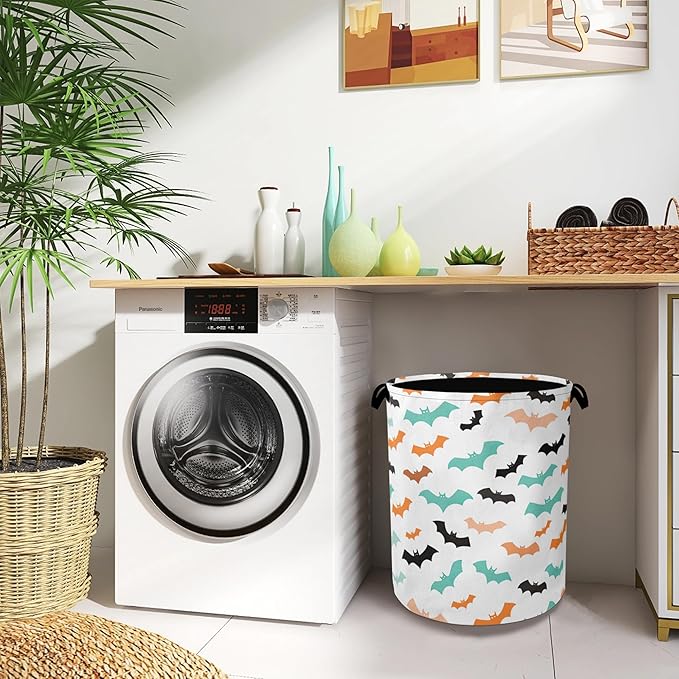 Colorful Bats Laundry Basket,Halloween Foldable with Handles Tote Bag Oxford Cloth for Bathroom Bedroom Dirty Clothes Storage Bucket 16" x 20.8"