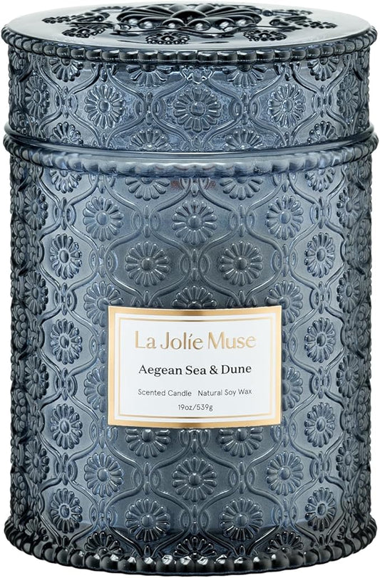 LA JOLIE MUSE Aegean Sea & Dune Candle –Cool Water, White Florals & Warm Amber | 19 oz Large Wooden Wick Candle | Natural Soy Wax | 90 Hours Clean Burn | Gift-Ready for Hosts & Gatherings