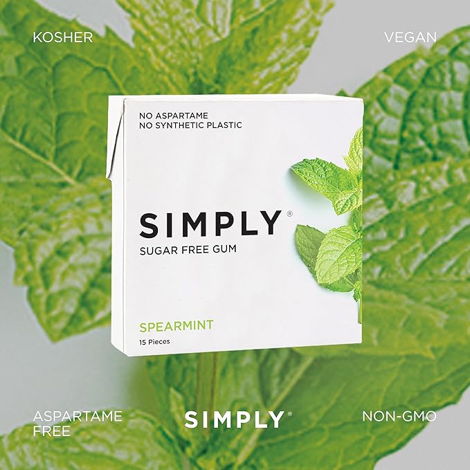 SIMPLY Gum | Dental Gum | Xylitol Chewing Gum - Sugar Free | Spearmint | Pack of Six (90 Pieces Total) | Synthetic Plastic Free + Sugar Free + Aspartame Free