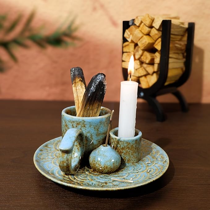 5-in-1 Ceramic Palo Santo Burner Holder Blue -Small Candle Holder & Smudge Burning Tray Bowl,Fits Incense Sticks/Cones, Sage.Zen Altar for Meditation Room, Aromatic Scents, Matches Compatible