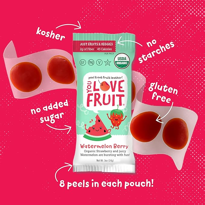 YOU LOVE FRUIT - Fruit Snacks Variety Pack 30 count, 100% Natural Gluten-Free, Vegan, Low Carb, Low Fat Fruit Kosher Snacks for Kids, College Students, Teachers and Offices, Healthy Fruit Snacks (Cherry, Watermelon, Mango)