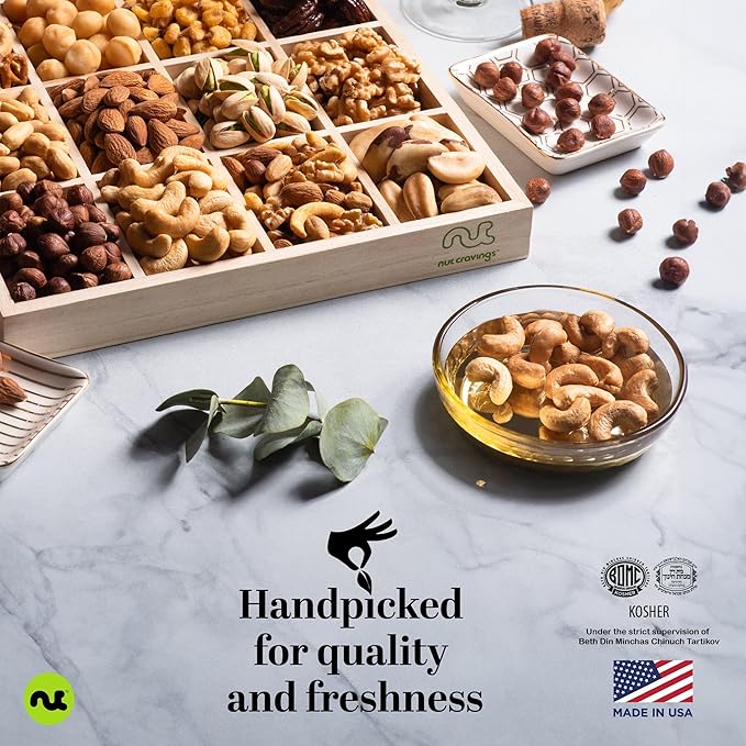 NUT CRAVINGS Gourmet Collection - Sympathy Condolence, Nuts Gift Basket with Sympathy Ribbon + Greeting Card in Reusable Wooden Tray (12 Assortments) Food Platter Healthy Snack Care Package