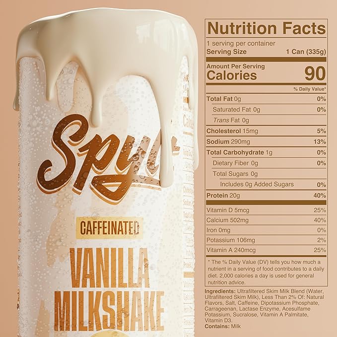 Spylt High Protein Vanilla Milkshake with 60mg Caffeine & 20g Protein - 90 Calories, Ready to Drink, Sugar Free, Lactose Free Milk, Perfect for Workout Recovery & Afternoon Pick Me Up - 12 Count
