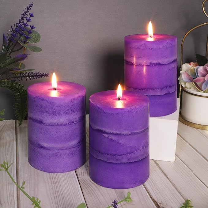 3" x 4" Handmade Pillar Candles Lavender Scented Purple Decorative Modern Aesthetic Long Clean Burning Fragrance Candle for Wedding Spas Meditations Christmas Home Decor,Set of 3