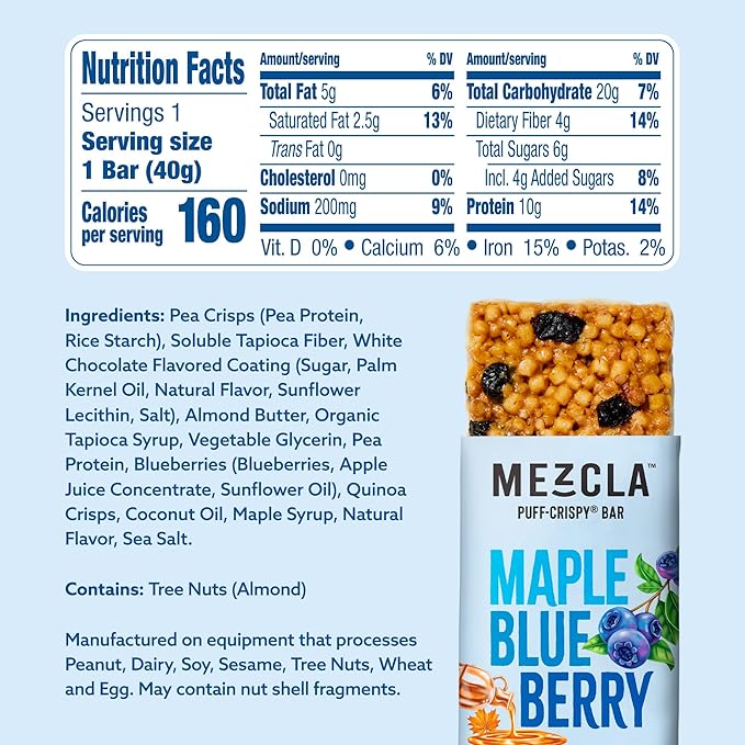 Mezcla Vegan Protein Bars, Gluten Free Snack Made with Pea Protein, Organic Vanilla, Blueberries and Other Premium Ingredients, Healthy Snacks, Canadian Maple Blueberry, 10g of Protein, 12 Pack