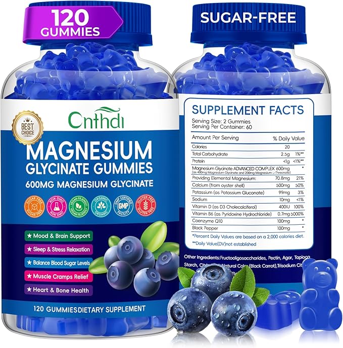 Magnesium Glycinate Gummies 600mg, Sugar Free Chewable Magnesium Gummies for Adults & Kids Relaxation, Stress Relief, Night Rest, No Melatonin, Gluten Free, Non GMO, Vegan, Pectin, 120 Count