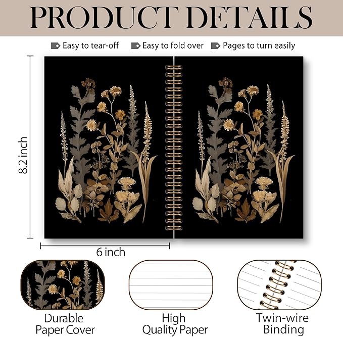 Dark Botanical Notebook Journal - Black Moody Notebook, Vintage Botanical Cottagecore Spiral Notebooks, Vintage Notebooks Gifts for Women, Dark Academia School Office Supplies, 6x8.2In