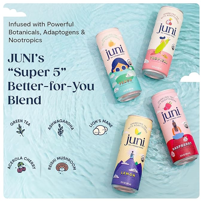 Juni Sparkling Adaptogen Drink with Ashwagandha, Lion’s Mane & Reishi Mushrooms | Green Tea for Focus, Zero Sugar, 5 Calories, Organic | Non Alcoholic Drinks - Peach 12 pack