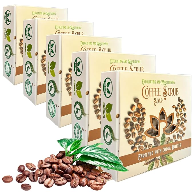 Handmade Coffee Scrub Soap Bar โ Natural Exfoliating Soap with Fresh Ground Coffee, Cocoa Butter & Latte Aroma โ Cold Process Body Scrub Bar - (5 bars)