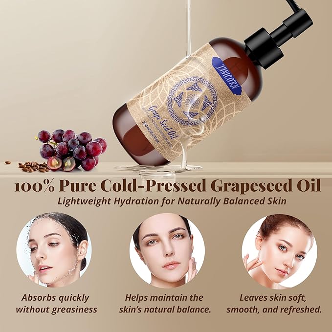 100% Pure Grapeseed Oil – Cold-Pressed, Unscented, Lightweight Natural Oil for Skin, Hair, Face & Body, Premium Quality Moisturizer for Massage & Aromatherapy, 8 fl oz / 236ml