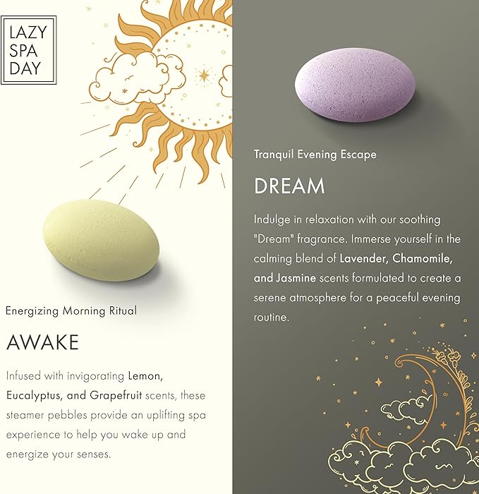Energize with Awake: Lavender, Chamomile, Jasmine. Relax with Dream: Lemon, Eucalyptus, Grapefruit. 10-Piece Shower Steamer and Shower Bombs Aromatherapy Gift Set with Burlap Bag
