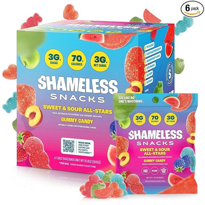 Shameless Snacks Sweet & Sour Allstars – Candy Variety Pack | Sour Gummy Candy | Healthy Vegan Snacks | Low Sugar Fruit Snack | 6-Pack, Gluten Free | Red Raspberry, Watermelon, Peach, Green Apple, Blue Raspberry