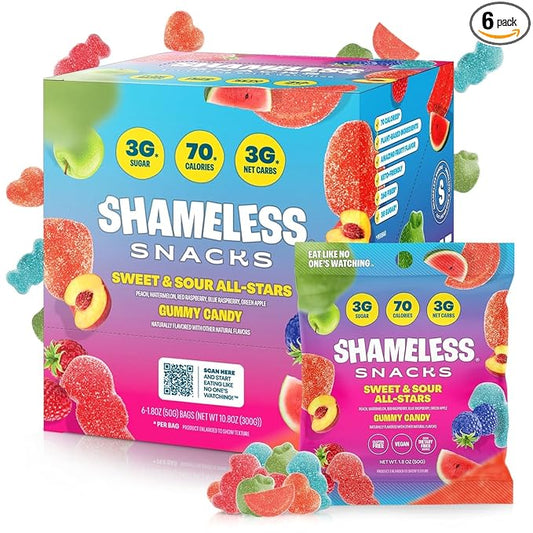 Shameless Snacks Sweet & Sour Allstars – Candy Variety Pack | Sour Gummy Candy | Healthy Vegan Snacks | Low Sugar Fruit Snack | 6-Pack, Gluten Free | Red Raspberry, Watermelon, Peach, Green Apple, Blue Raspberry