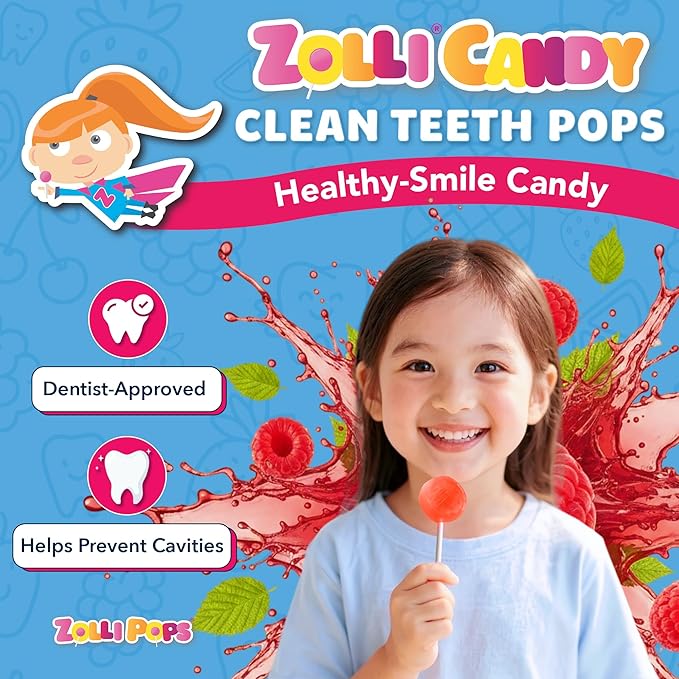 Zollipops Clean Teeth Pops Sugar Free Candy with Xylitol, Dye-Free Lollipops - Keto & Diabetic-Friendly, Dentist-Approved Treats for Kids (Raspberry, 3.1 oz)