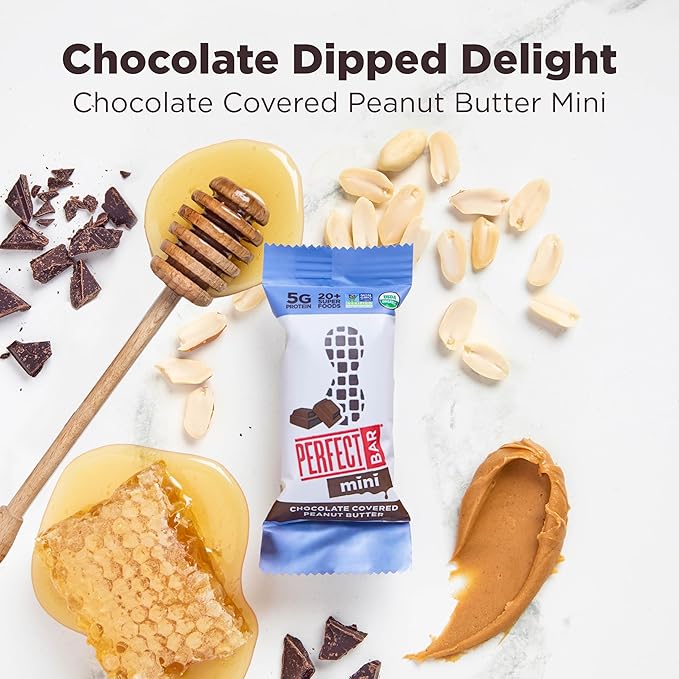 Perfect Bar Mini, Chocolate Covered Peanut Butter Protein Bar, Protein Snack, Snack Bar, Organic, Gluten Free, Soy Free, Non GMO, No Sugar Alcohols, 1.05 Ounce Bar, 18 Count
