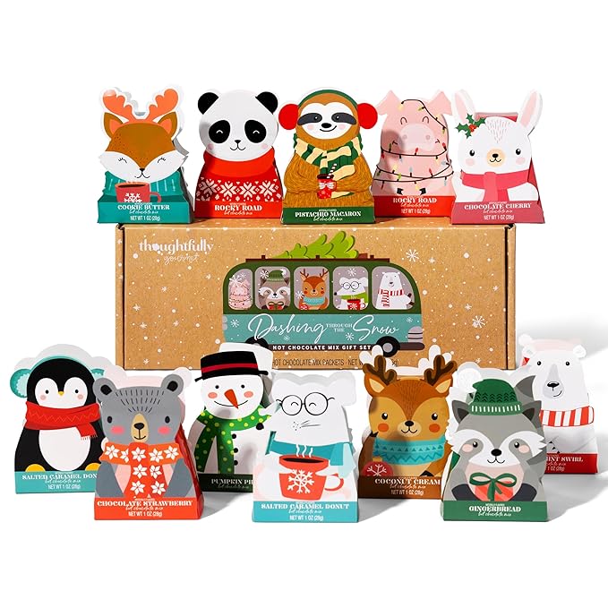 Thoughtfully Gourmet, Hot Chocolate Gift Set in Holiday Character Packaging, Flavors Include Rocky Road, Cookies Butter, Pumpkin Pie & More, Set of 12