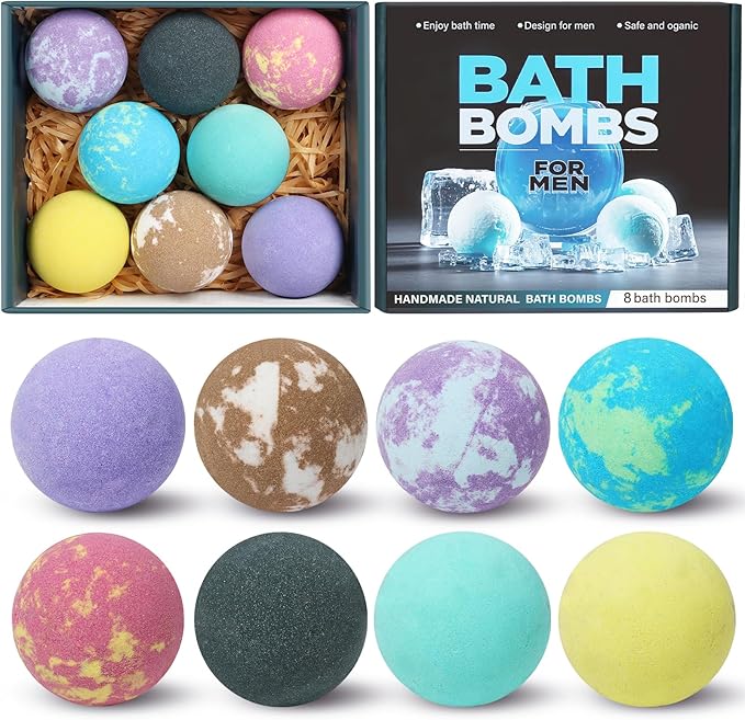Bath Bombs for Men, 8 Pack Organic Bath Bombs Set with Natural Essential Oils, Relaxing Gifts for Men & Women, Father's Day Birthday Easter Gift for Husband Boyfriend
