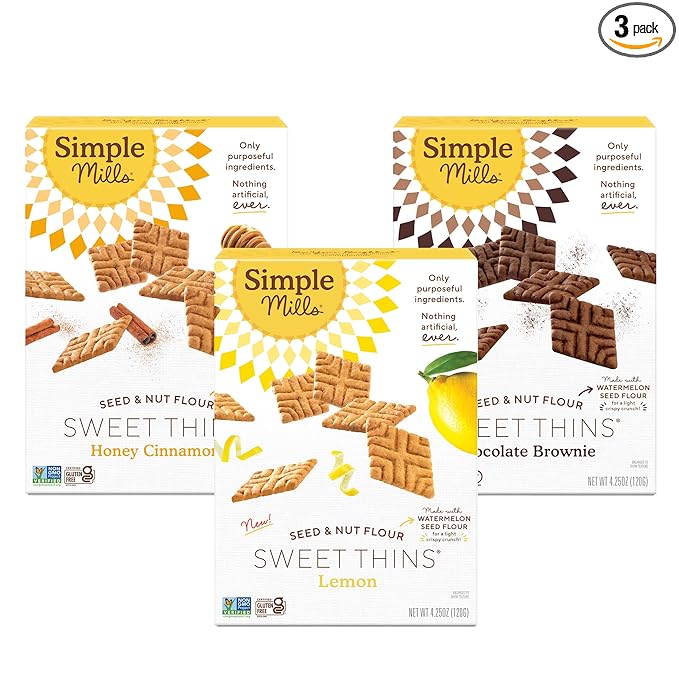 Simple Mills Sweet Thins New Cookies Variety Pack, Seed and Nut Flour (Lemon, Honey Cinnamon, Chocolate Brownie) - Gluten Free, Paleo Friendly, Healthy Snacks, 4.25 Ounce (Pack of 3)