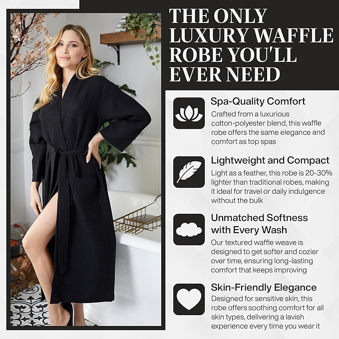 Lotus Linen Waffle Robes for Women - Lightweight Cotton Kimono Bathrobe - Long Soft Spa Bath Robe