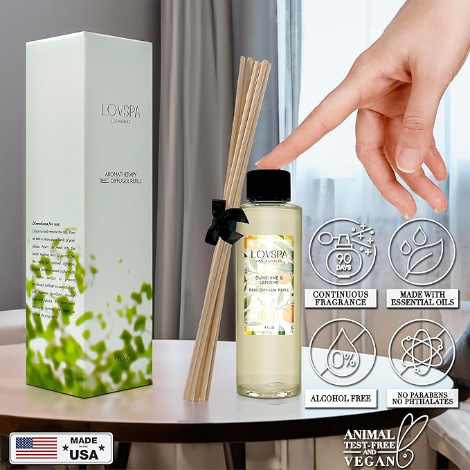 LOVSPA Sunshine & Lemons Diffuser Oil - Luxury Essential Oils for Diffuser Refill & Air Freshener Room Spray - Long-Lasting & Natural Home Fragrance, Scented Oil for Diffusers, USA Made, 4oz