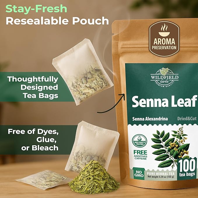 100 Bags Senna Leaf Senna Leaves Tea Herbal Tea (Senna Alexandrina) - 100 Count 1.5g Bags Hoja De Sen Hojas De Sen Para Te
