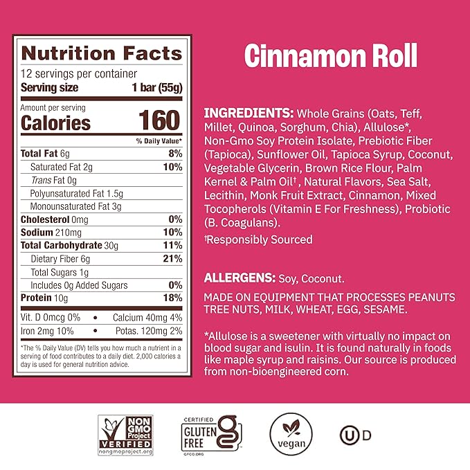 Munk Pack Probiotic Protein Breakfast Bars - 10g Plant Protein, 1g Sugar, 6g Fiber – For Adults & Kids, Low Sugar Snack, Gluten-Free, Diabetic-Friendly, Non-GMO, Cinnamon Roll - 12 Pack