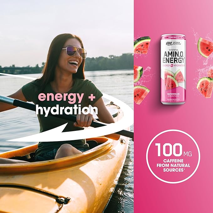 Optimum Nutrition Amino Energy Sparkling Hydration Drink, Electrolytes, Caffeine, Amino Acids, BCAAs, Sugar Free, Watermelon, 12 Fl Oz, 12 Pack (Packaging May Vary)