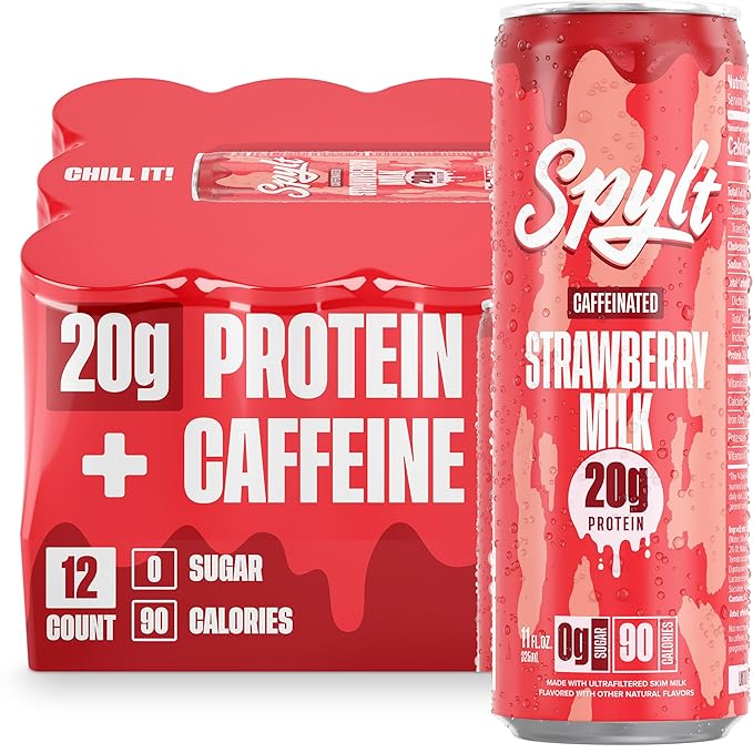 Spylt High Protein Strawberry Milk with 60mg Caffeine & 20g Protein - 90 Calories, Ready to Drink, Sugar Free, Lactose Free Milk, Perfect for Workout Recovery & Afternoon Pick Me Up - 12 Count