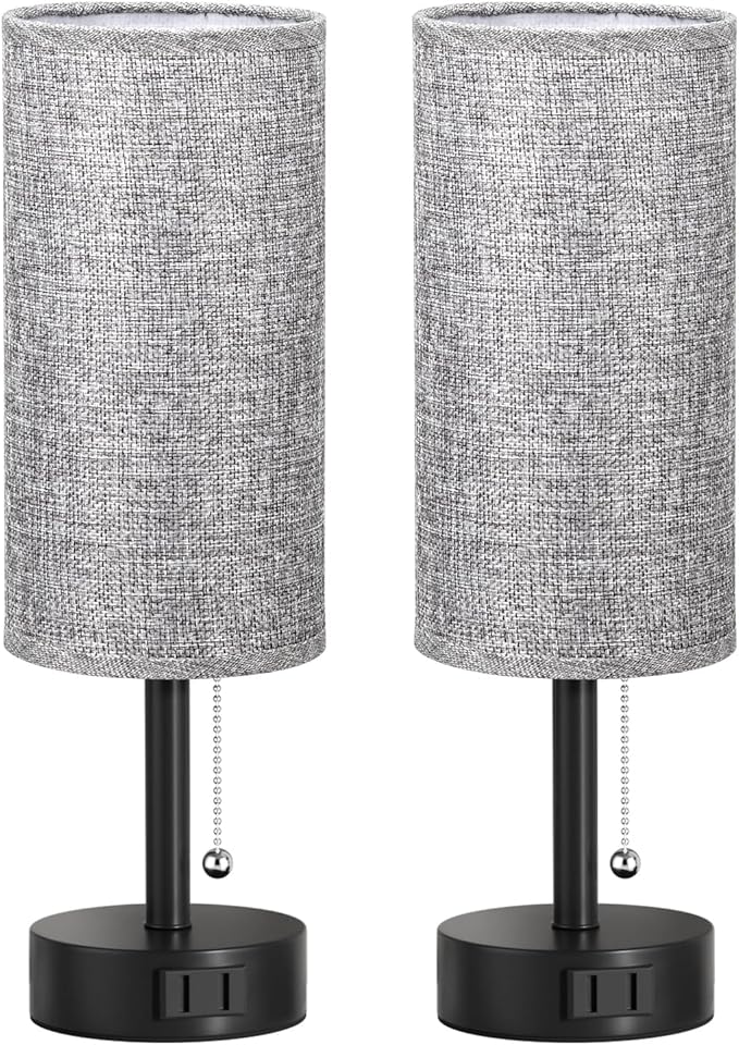 Fenmzee Grey Bedside Table Lamps Set of 2-3 Color Temperatures Pull Chain Lamp with AC Outlet Charging Port, Round Night Stand Lamps for Bedroom Office, Small Bed Side Light with E26 LED Bulbs