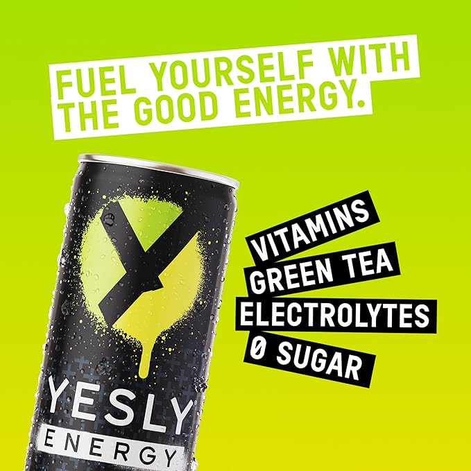 Yesly Energy Drink, Lime, Naturally Flavored Sparkling Energy Drink With Electrolytes, Magnesium, Potassium, Vitamin C, B6 & B12, Natural Caffeine From Green Tea, Zero Sugar, 12 Fl Oz Cans, 12 Pack