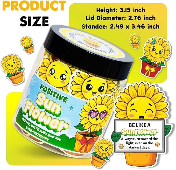 Positive Sunflower Jar – 60 Daily Affirmation Cards with Standee | Encouragement Gift for Women, Friends, Coworkers | Uplifting Notes, Desk Decor, Just Because Gift, Emotional Support Jar