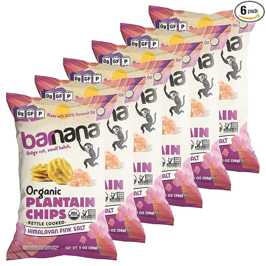 Barnana - Organic Plantain Chips, Himalayan Pink Salt, Healthy Snack Made With 100% Coconut Oil, Non-GMO, Potato Chip Alternative, Zero Sugar, Paleo, Grain-Free, USDA Organic, Vegan (2 oz, 6-Pack)