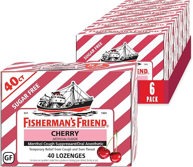 Fisherman's Friend Cough Drops, Cough Suppressant and Sore Throat Lozenges, Sugar Free Cherry, 6.9mg Menthol, 240 Drops (6 Packs of 40)