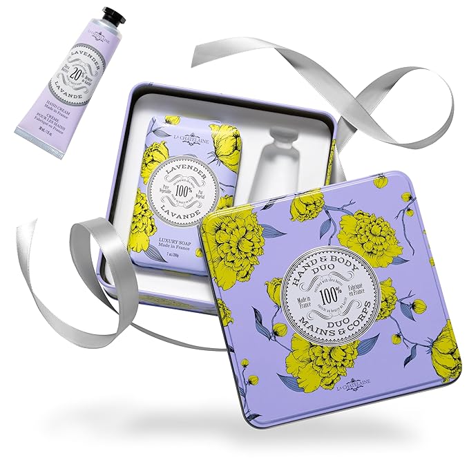 La Chatelaine Lavender Triple Milled Bar Soap and 20% Shea Butter Hand Cream Gift Set, Gift for Mom, Decorative Tin, Plant-Based, Natural & Organic, Made in France (7 oz. soap bar, 1 oz. hand lotion)