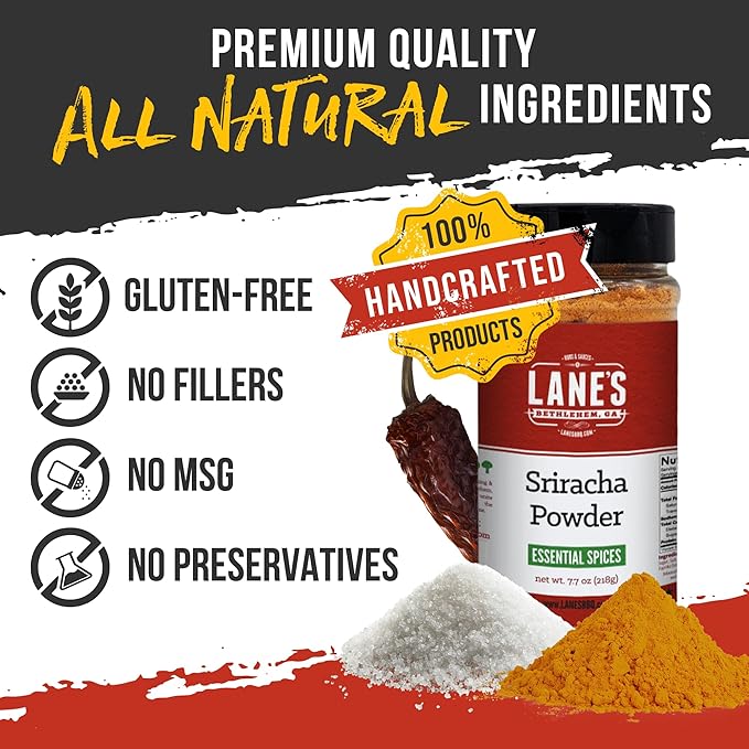 Lane's Sriracha Seasoning Powder, All-Natural Sriracha Powder Seasonings and Spices for Cooking, Goes Well with Meat & Vegetables, Made in USA, 7.7 Oz