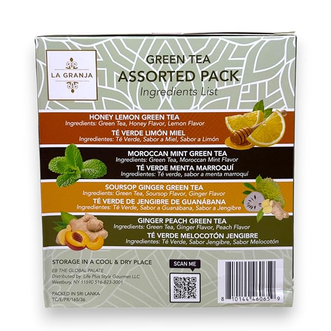 Herbal Wellness Caffeinated Green Tea Collection 100 Ct Variety Sampler Pack 4 Flavors: Honey Lemon, Moroccan Mint, Soursop Ginger, Ginger Peach, Eco Friendly Teabags Non GMO Sugar Free Keto